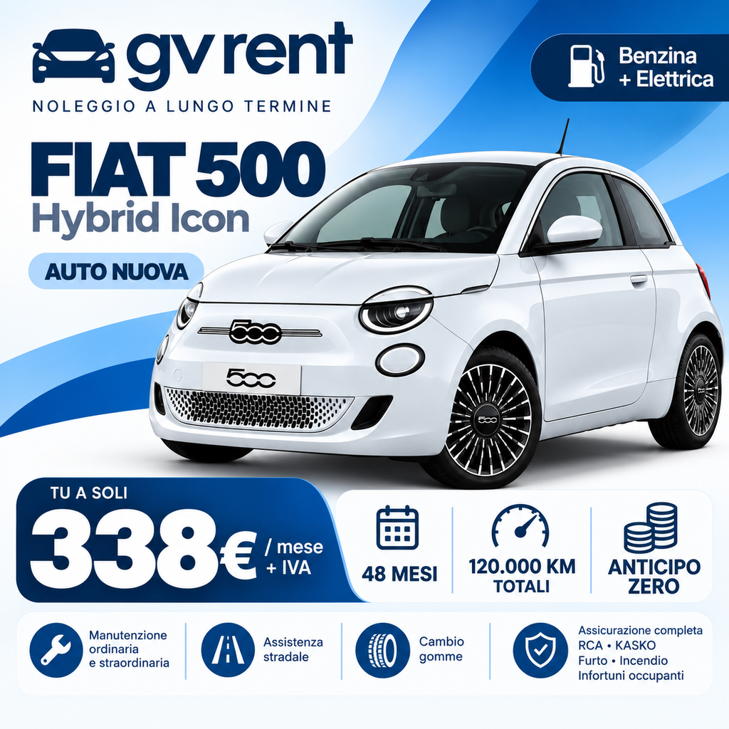 Fiat 500 Hybrid Icon 1.0 – Noleggio Lungo Termine – Anticipo Zero